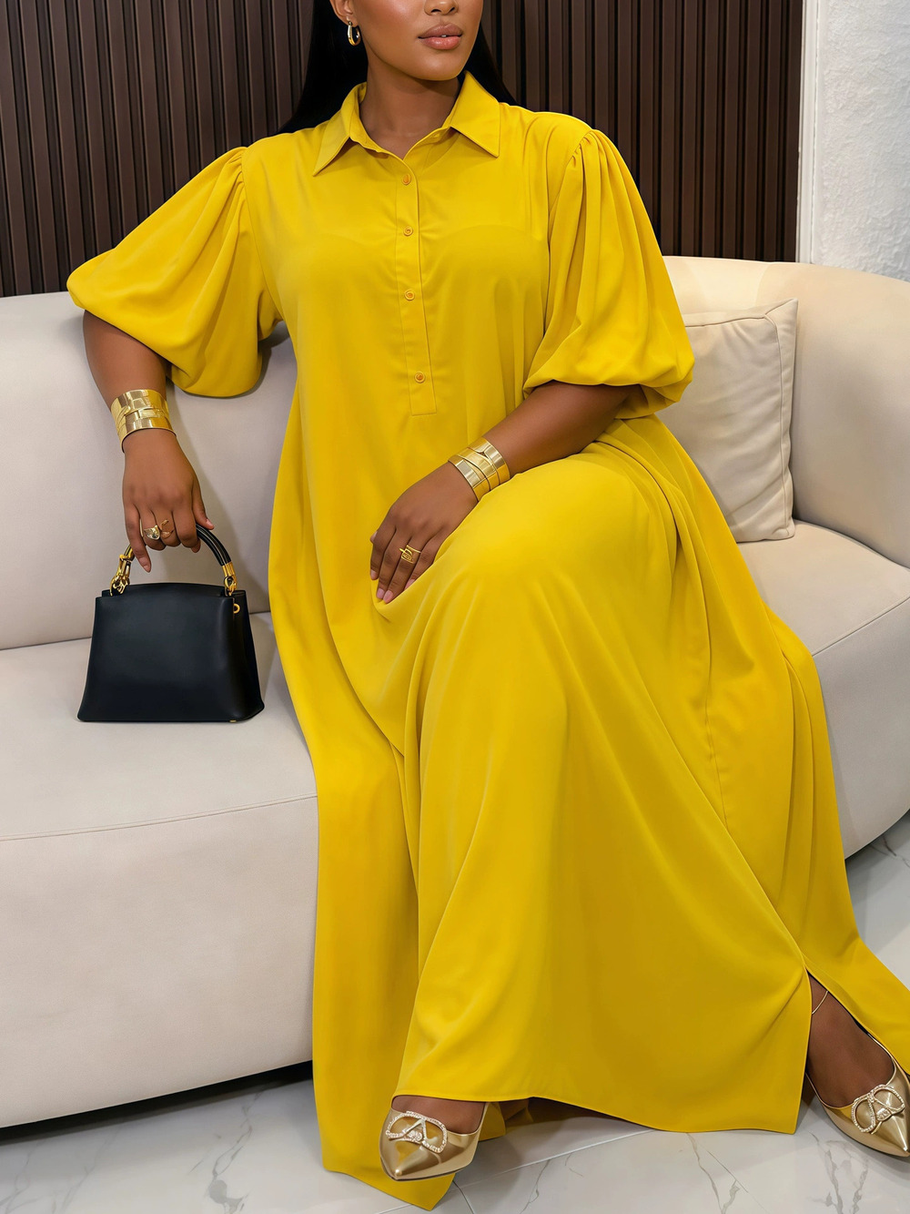African Fashion Elegant Solid Color Lapel Plus Size Loose Long Dress